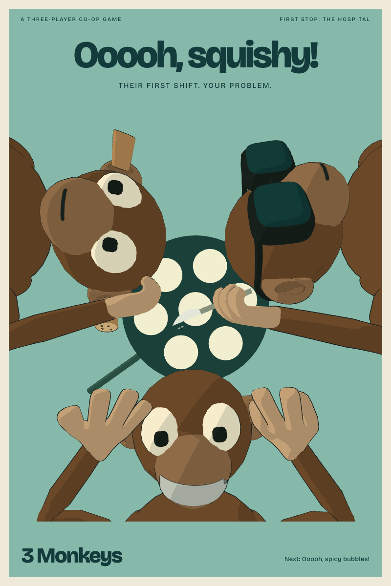 Hospital poster seen from the patient’s perspective: three monkeys around a surgical lamp. The blind monkey holds a scalpel while looking the wrong way. Ooooh, squishy!